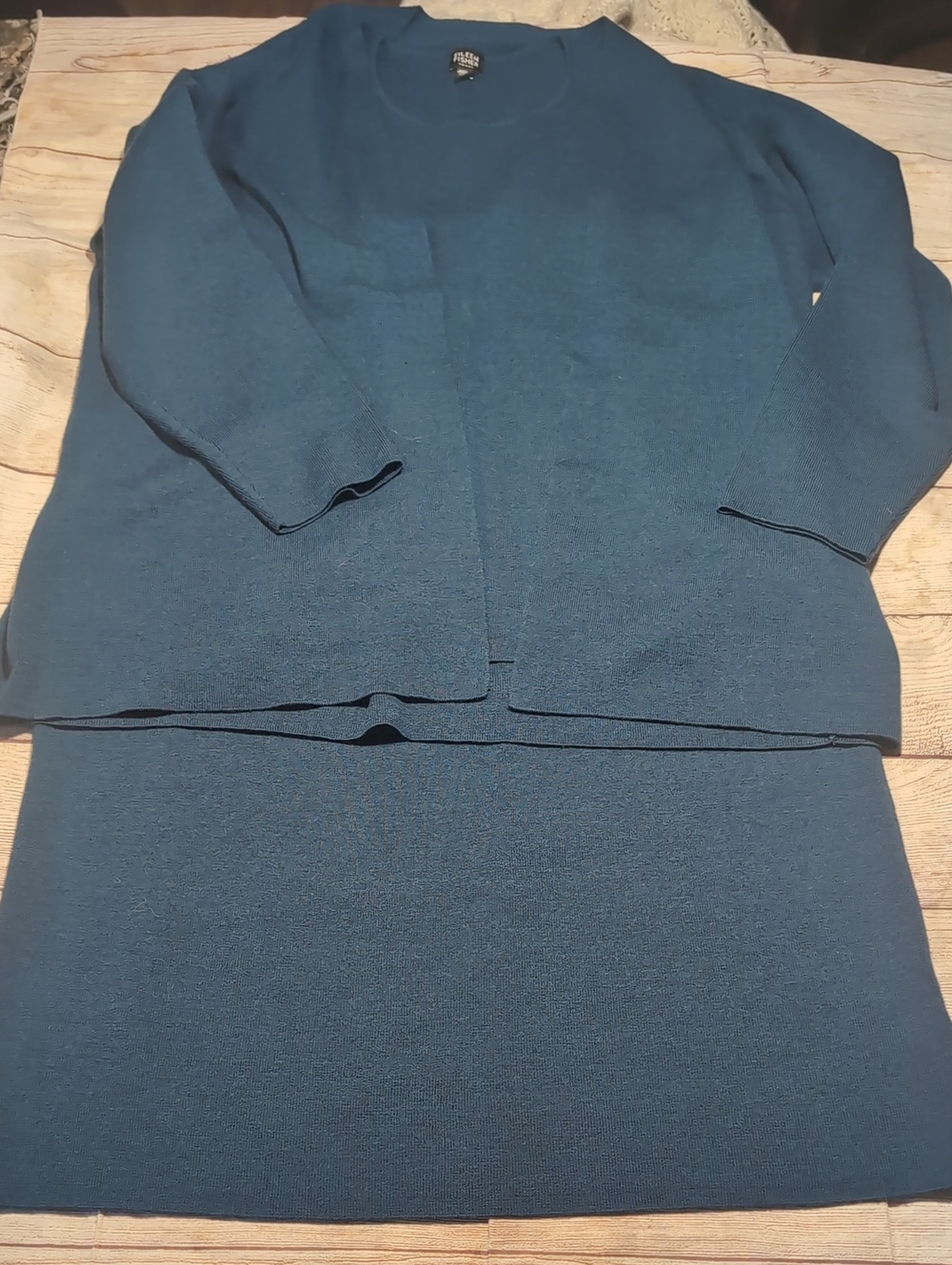 Eileen Fisher Merino Wool3 Piece Blue Midi Skirt Tank & Cardigan Set Size 1X